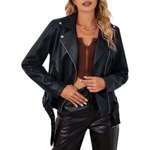 Women's Black Faux Leather Quilted Shoulders & Classic Zipper Belts Biker Jacket